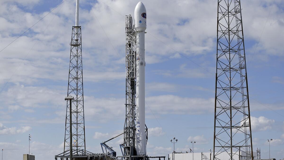 A SpaceX rocket waits for launch at the Cape Canaveral Air Force Station in Florida.