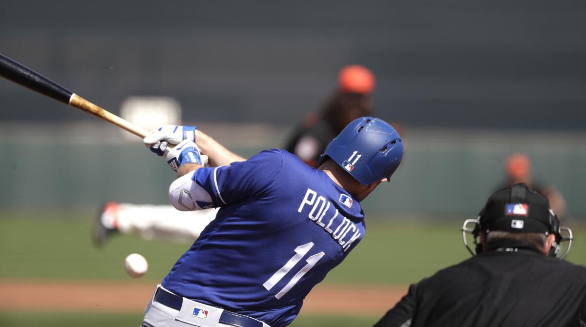 Outfielder A.J. Pollock can move around in the batting order and batted fifth in the Dodgers' 8-2 exhibition victory over the San Francisco Giants on Monday.