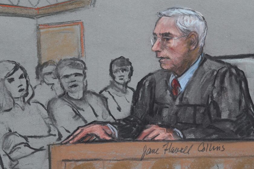 A courtroom sketch shows U.S. District Judge George O'Toole Jr. and jurors at Dzhokhar Tsarnaev's trial in Boston on April 8.