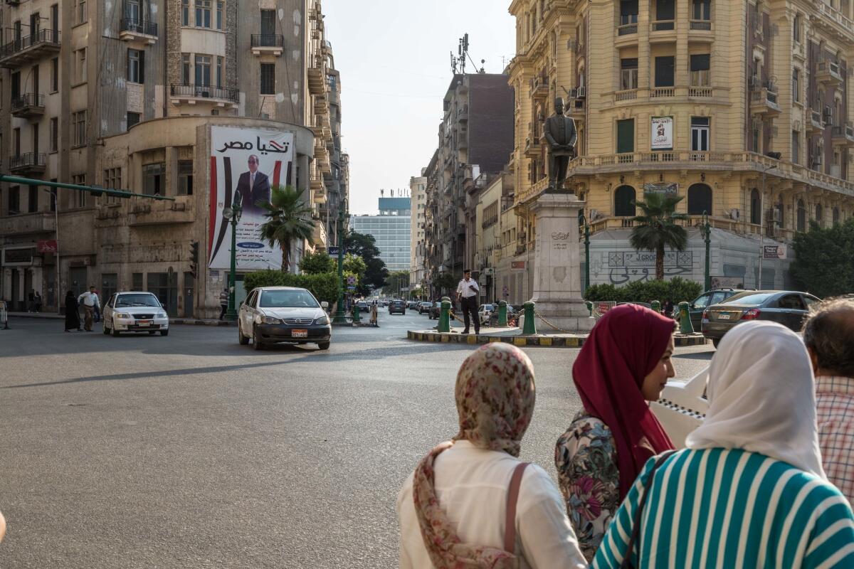 Talaat Harb Square in downtown Cairo was once the scene of demonstrations. Protests are now illegal, and the streets remain quiet.