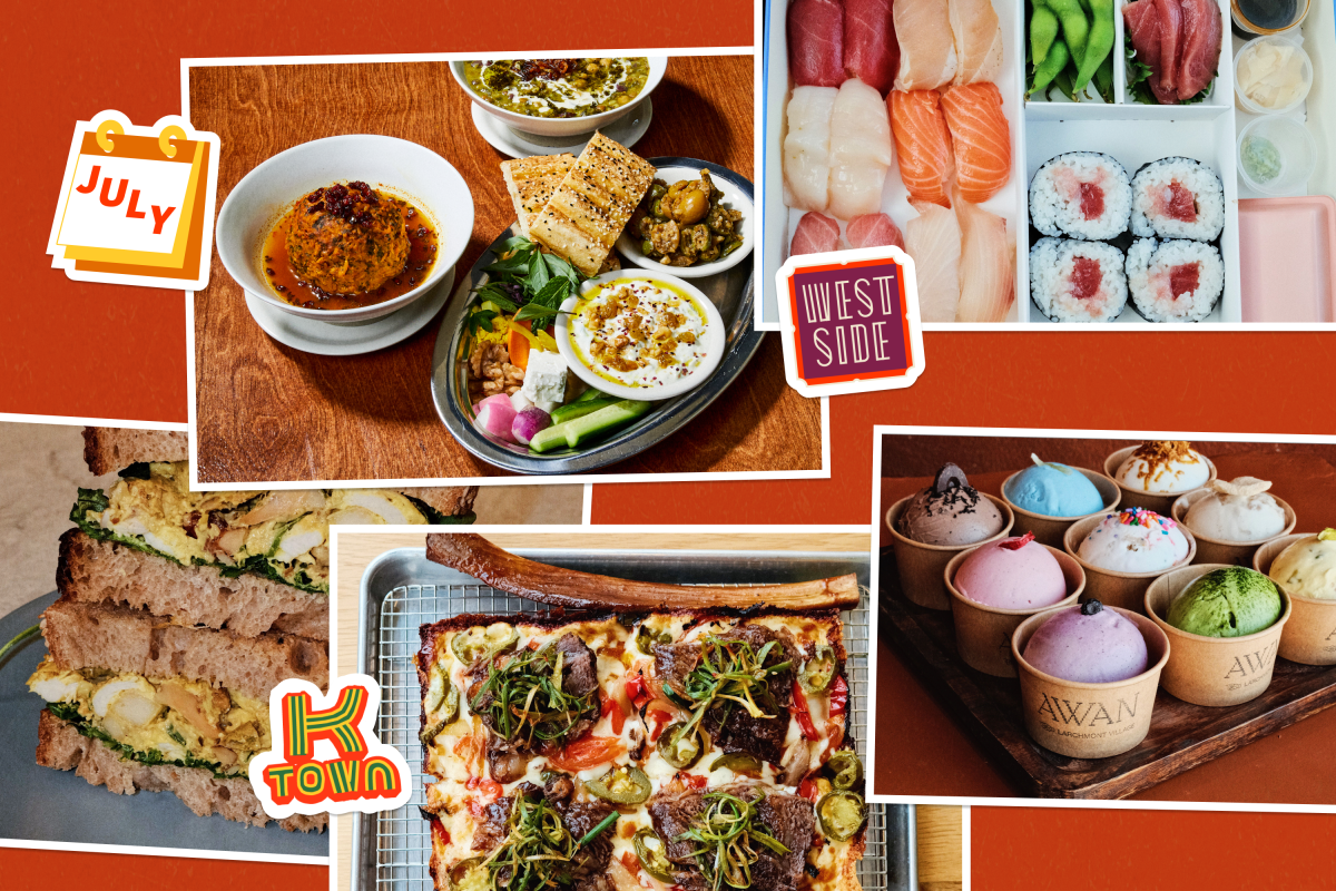 Collage of food images: Azizam spread, sushi box, sandwich, colorful cups of ice cream, pizza