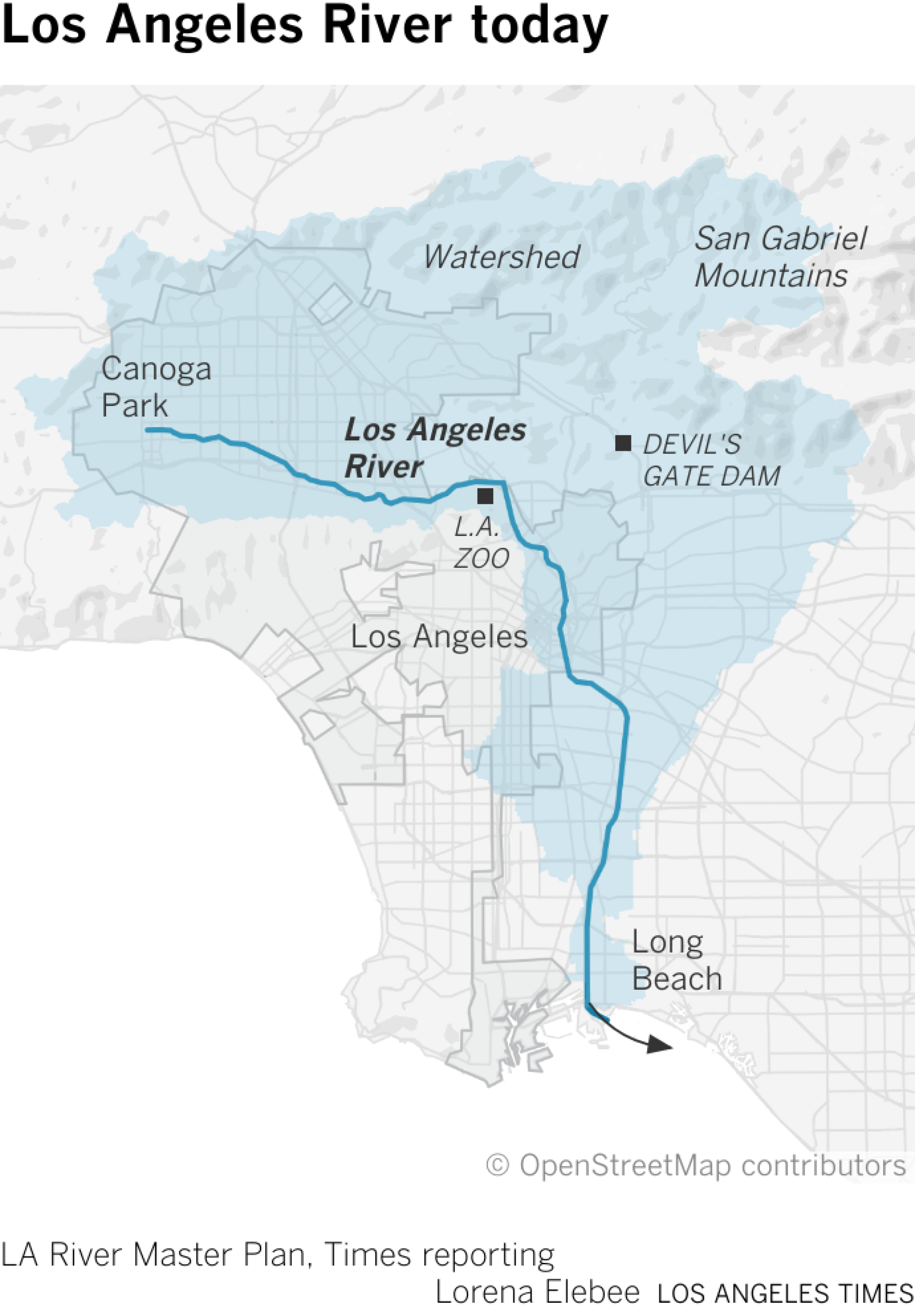 Map show the Los Angeles River today with concrete channel stretching from Los Angeles Zoo through Long Beach.