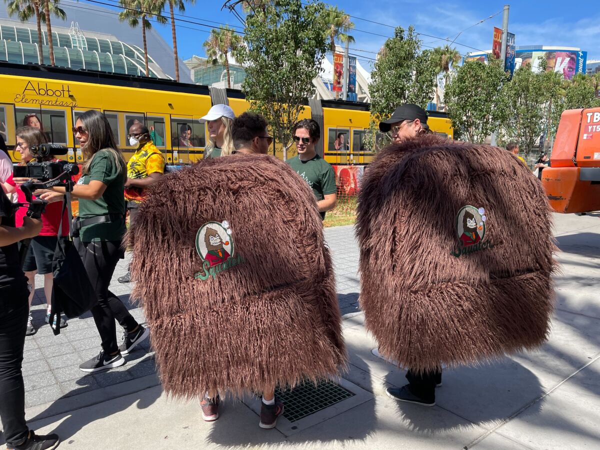 Giant backpacks promoting Dr. Squatch bar soap on July 21, 2022 at Comic-Con.