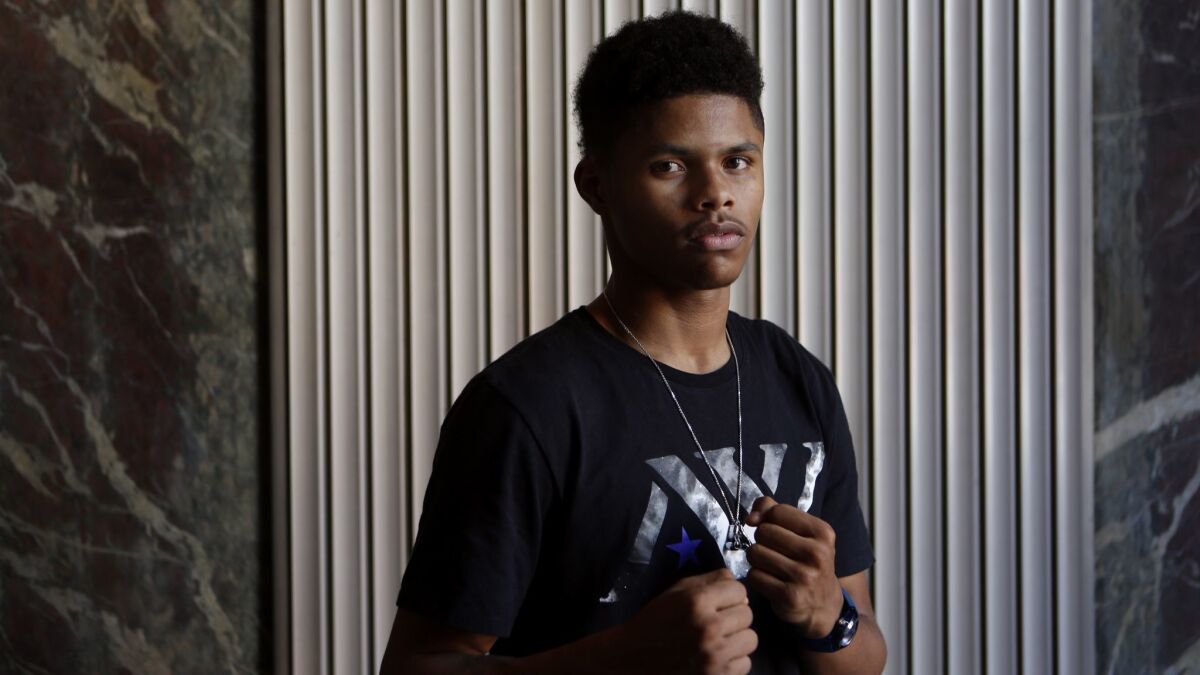 Portrait of boxer Shakur Stevenson at the old Los Angeles Times building in downtown on April 18, 2017.