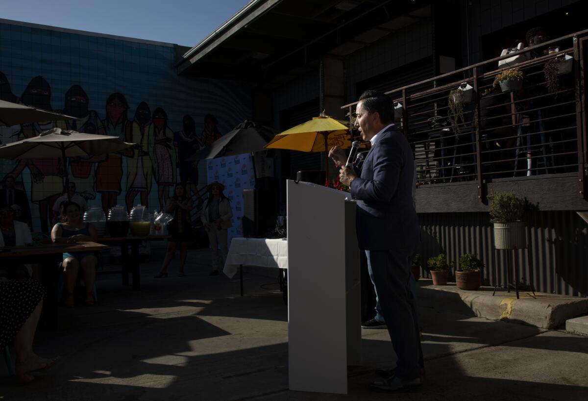 San Diego Mayor Todd Gloria speaks during an event hosted by the Environmental Health Coalition.