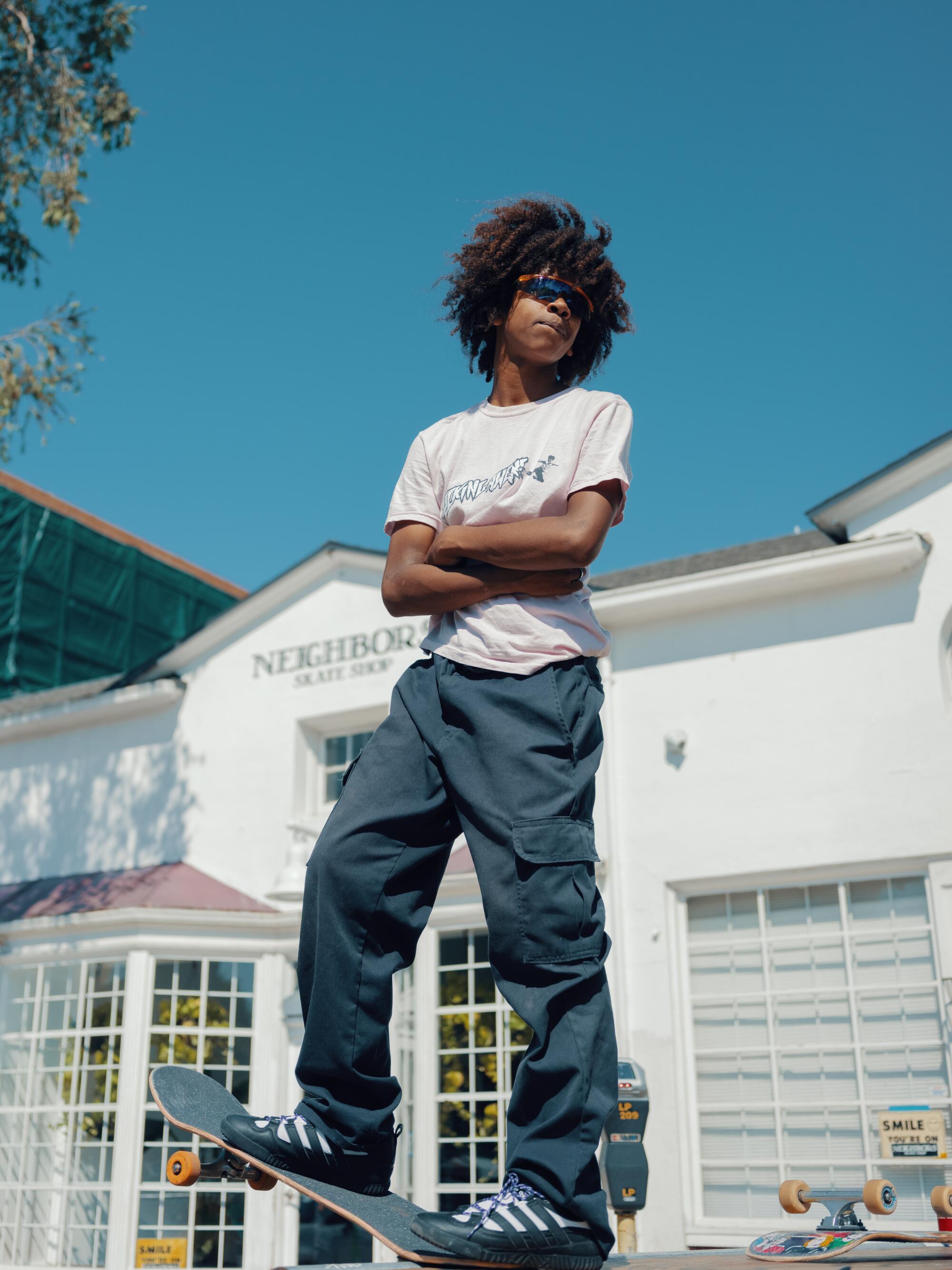 Malakai Brinson, 15, from Inglewood, works as an intern at Neighbors Skate Shop.