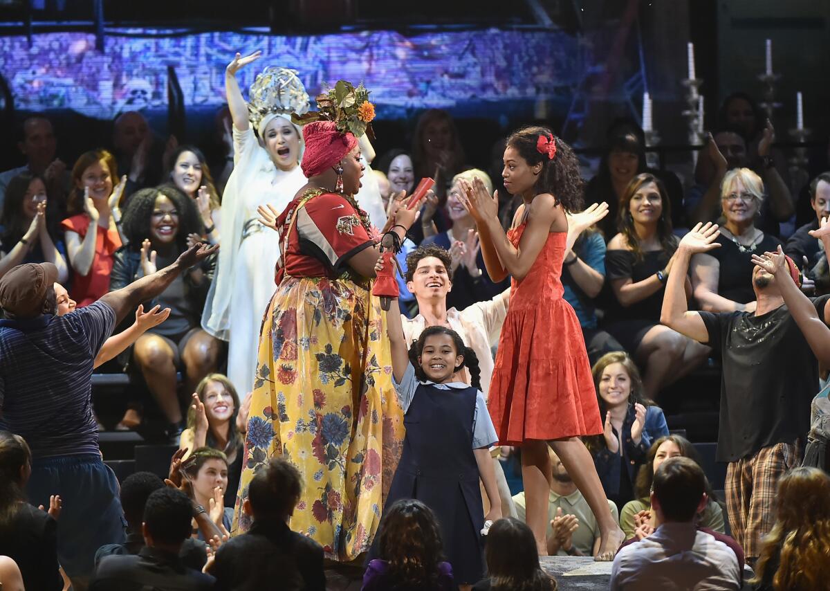 The cast of "Once on This Island" performs during the 72nd Tony Awards.
