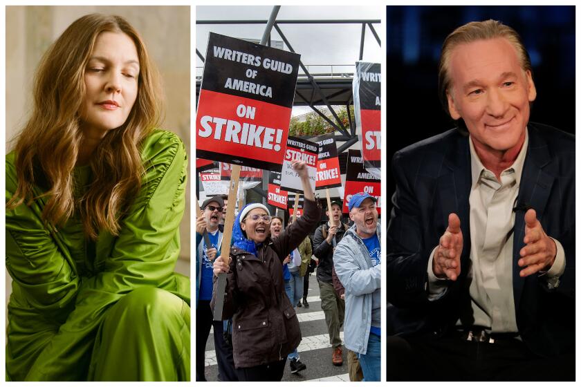 A triptych featuring talk show host Drew Barrymore, WGA Members on strike from May 4, 2023 and talk show host Bill Maher.