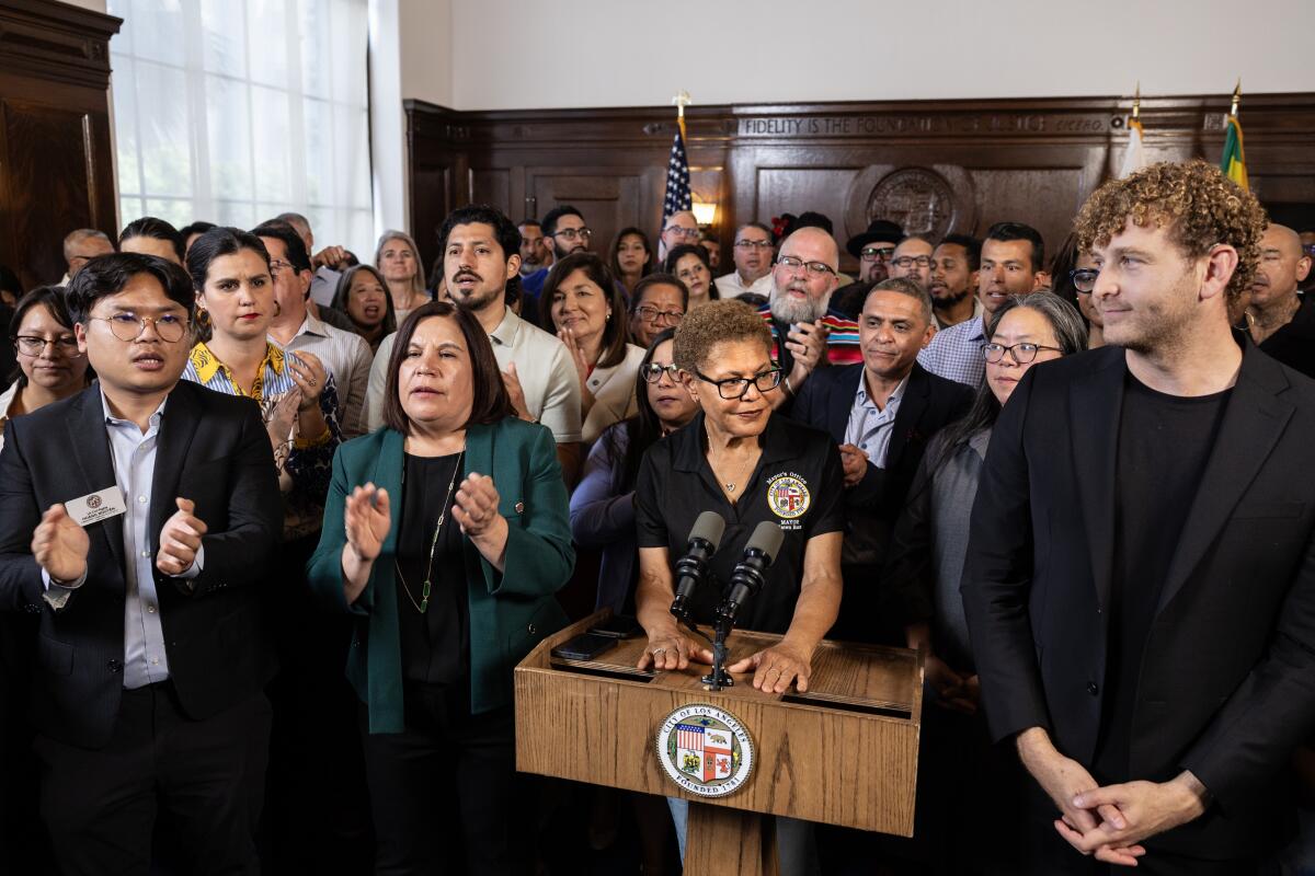 Mayor Karen Bass holds a press conference at City Hall on Thursday in Los Angeles.