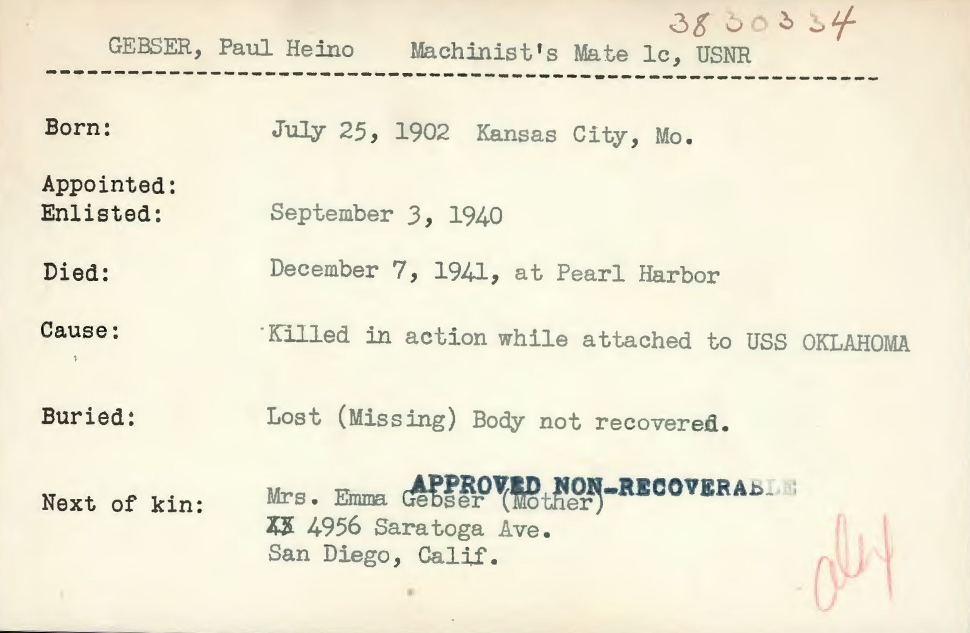 Paul Gebser's Navy file lists his dates of birth, enlistment and death, and says "Body not recovered."