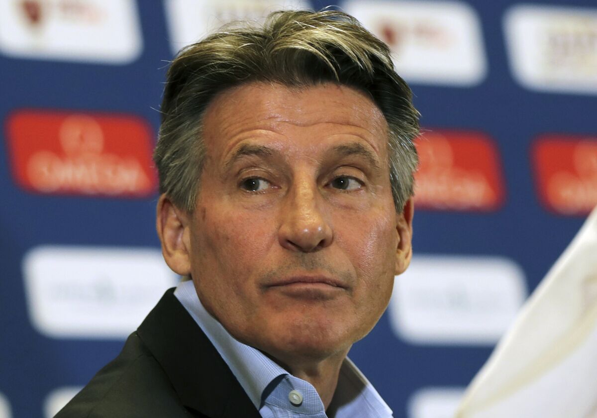 FILE - IAAF President Sebastian Coe attends a press conference ahead of the Doha IAAF Diamond League in Doha, Qatar, May 2, 2019. Olympic great Sebastian Coe said Monday March 14, 2022, sports federations must remain firm to keep Russian and Belarusian athletes out of competitions following the invasion of Ukraine. (AP Photo/Kamran Jebreili, File)