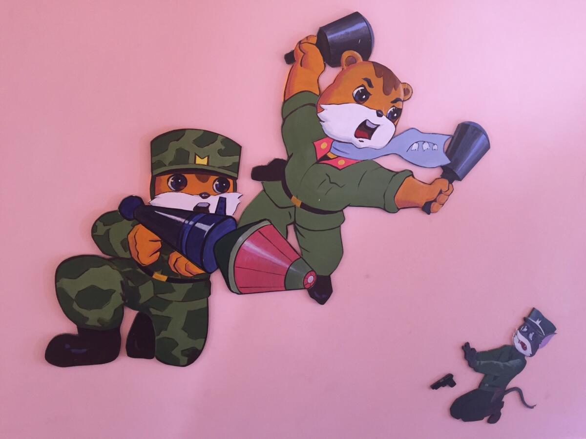 Wall art at the Changchon farm nursery school includes the heavily armed duo of "Squirrel and Hedgehog."