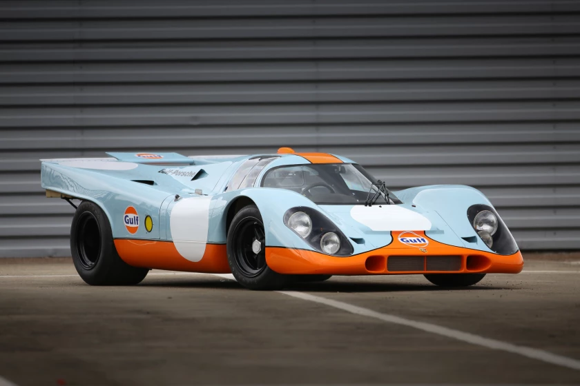 The restored Porsche 917KH, with numbers removed, painted in Gulf Oil livery
