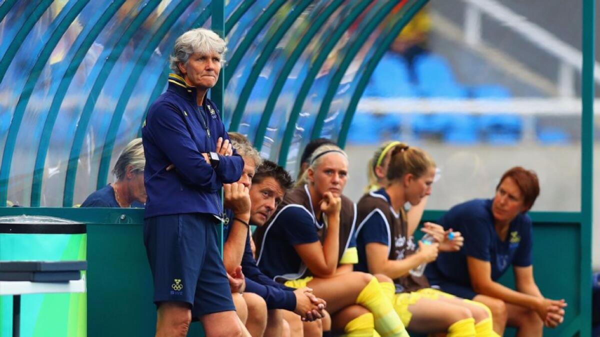 Sweden Coach Pia Sundhage looks on from the sideline during a Group E match against South Africa on Aug. 3.