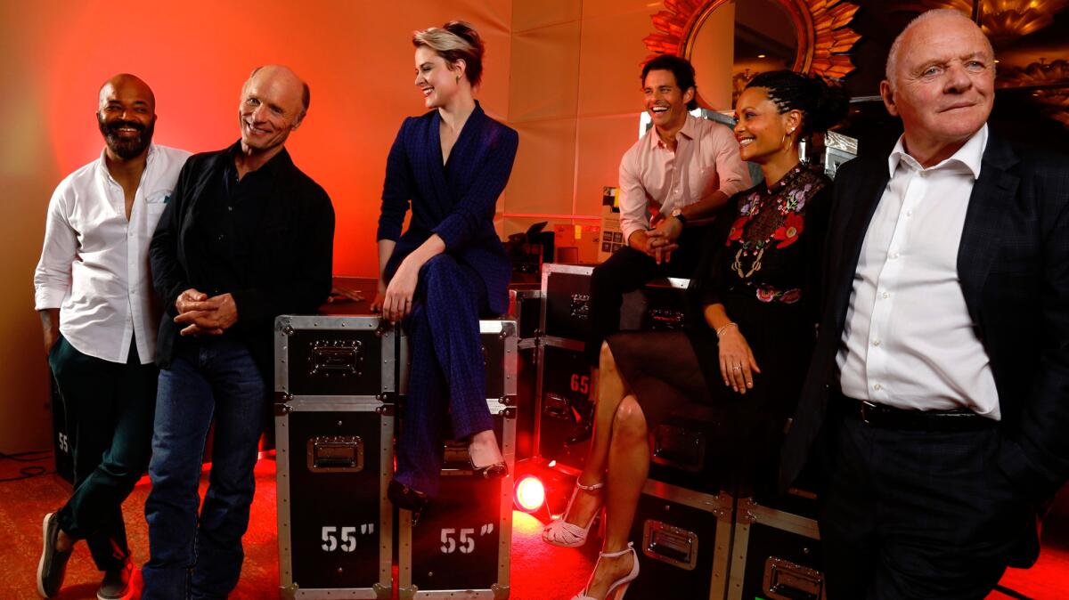 Actors Jeffrey Wright, from left, Ed Harris, Evan Rachel Wood, James Marsden, Thandie Newton and Anthony Hopkins make up some of the cast of HBO's new series, "Westworld."