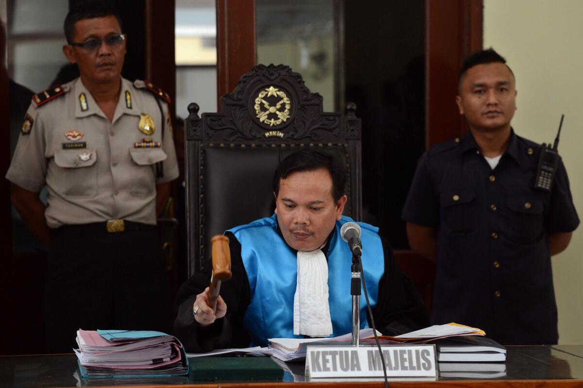 Jakarta State Administrative Court Chief Judge Ujang Abdullah rejects the appeals of two Australian drug smugglers on death row during a hearing in Jakarta on April 6.