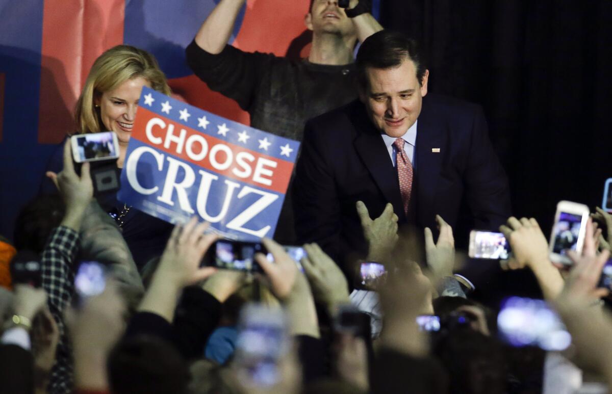 Republican presidential candidate, Sen. Ted Cruz, R-Texas, arrives for a caucus night rally on Feb. 1 in Des Moines, Iowa.