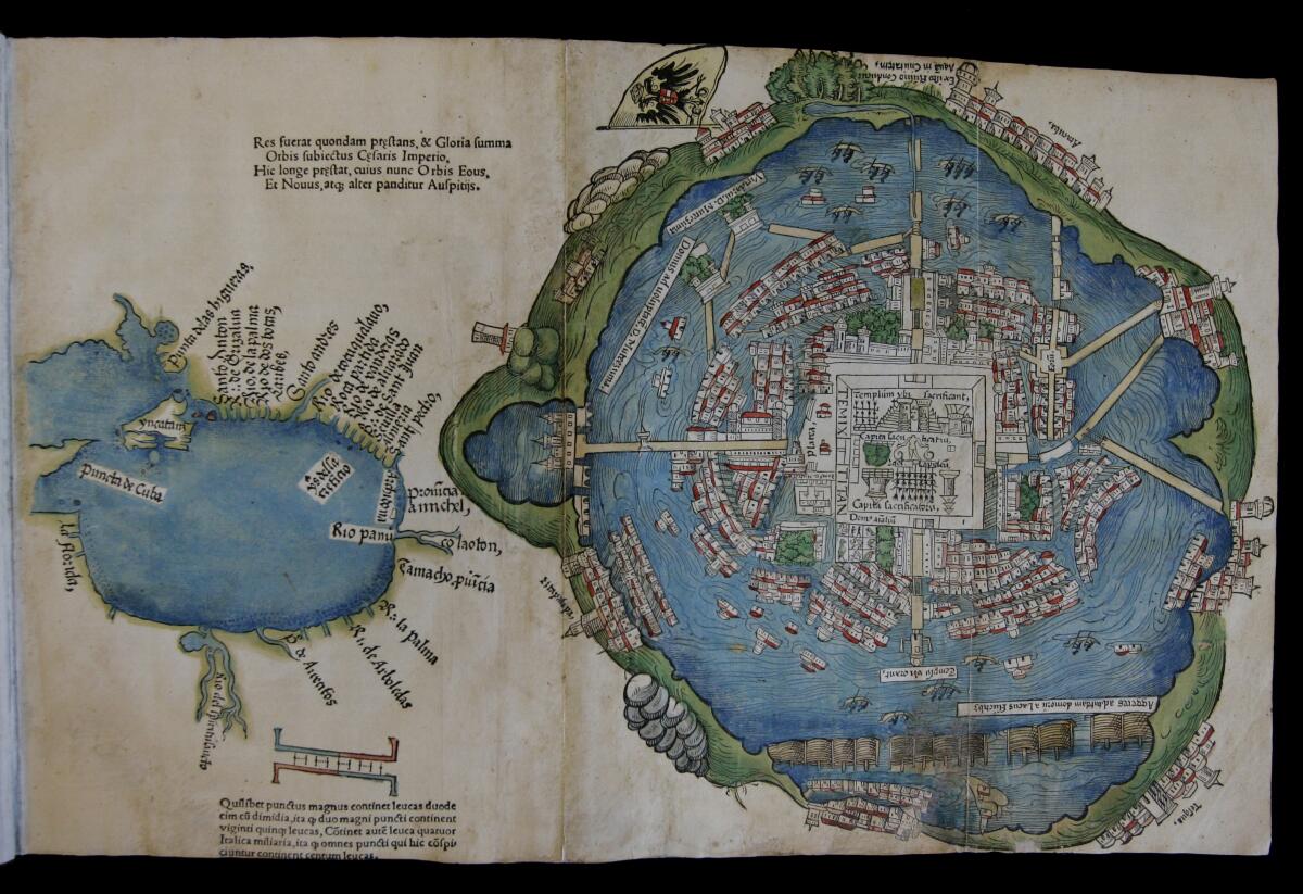 A foldout page with drawings depicting a map of an island-city, with a body of water to the left 