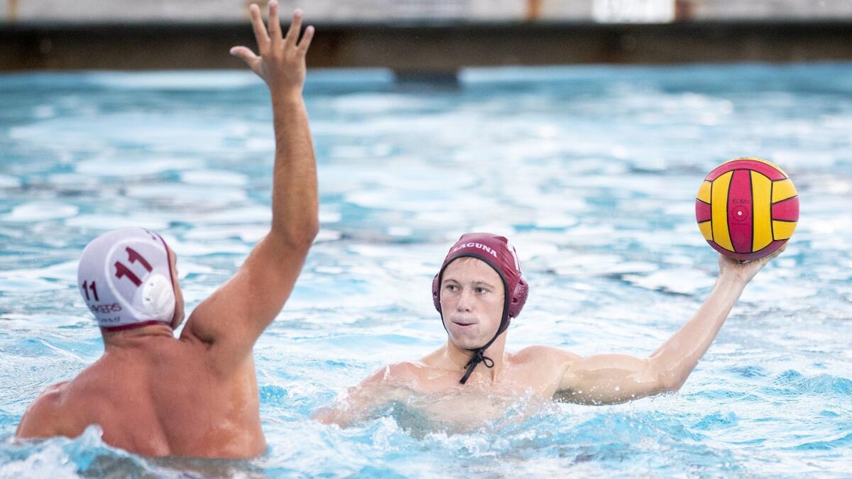 Will Clark, shown during practice on Aug. 29, had a goal and four assists for the Laguna Beach High boys' water polo team in the South Coast Tournament ninth-place match Saturday.