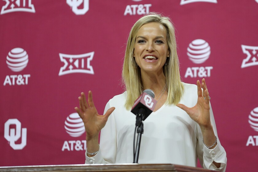 Oklahoma women's basketball coach Jennie Baranczyk speaks during her introductory press conference inside Lloyd Noble Center in Norman, Okla., Tuesday, April 13, 2021.(Bryan Terry/The Oklahoman via AP)