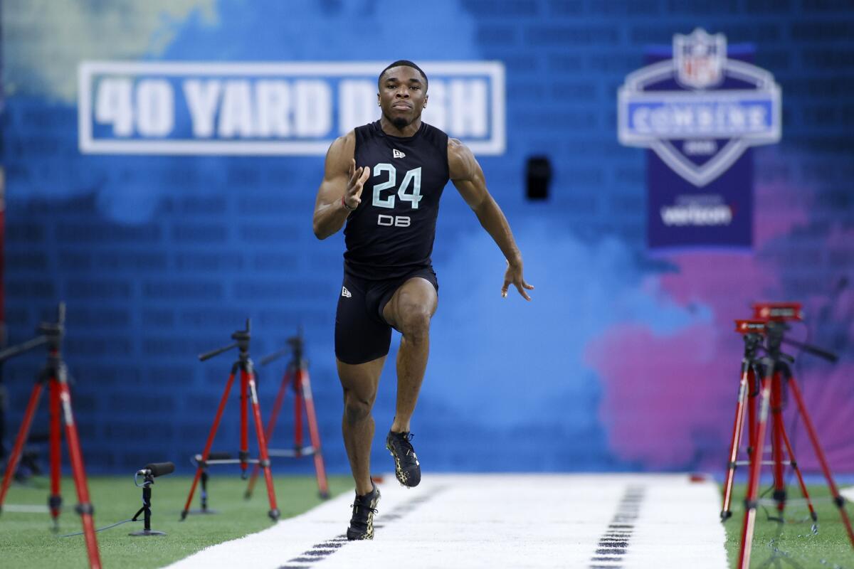 Defensive back Jeff Okudah of Ohio State runs the 40-yard dash during the NFL combine.
