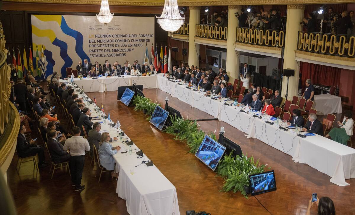 Leaders attend the plenary session of the Mercosur trade bloc summit in Montevideo, Uruguay, Tuesday, Dec. 6, 2022. (AP Photo/Matilde Campodonico)