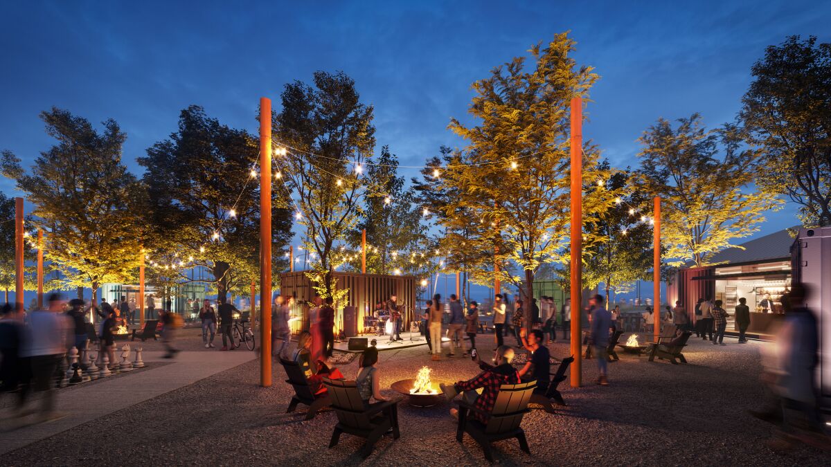 A rendering shows people at an outdoors dining plaza under lights at night, with a small stage and a fire pit
