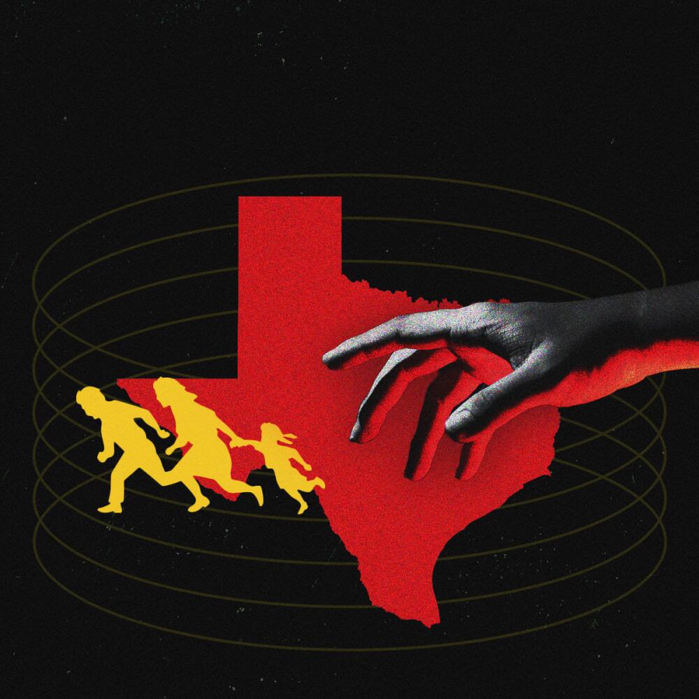 An illustration of a Texas map with people fleeing from a hand