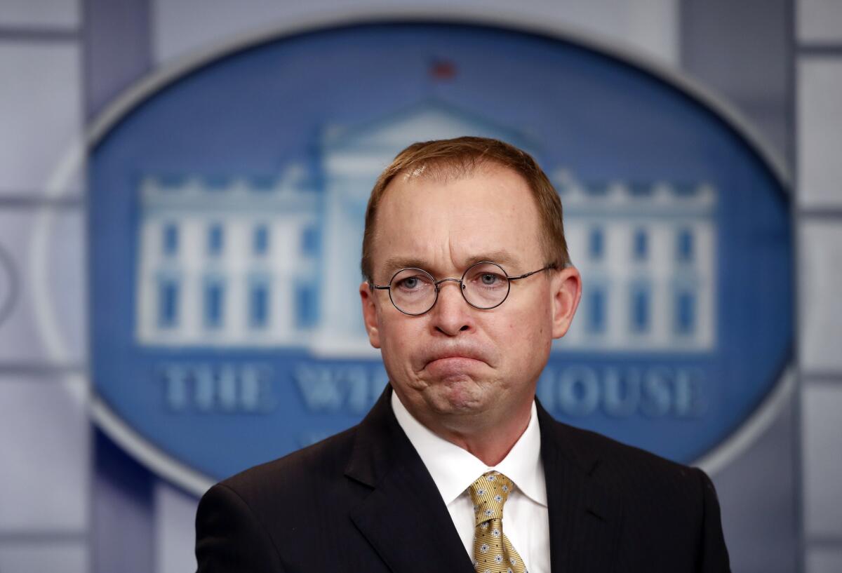 Mick Mulvaney, acting White House chief of staff, speaks to reporters at the White House.