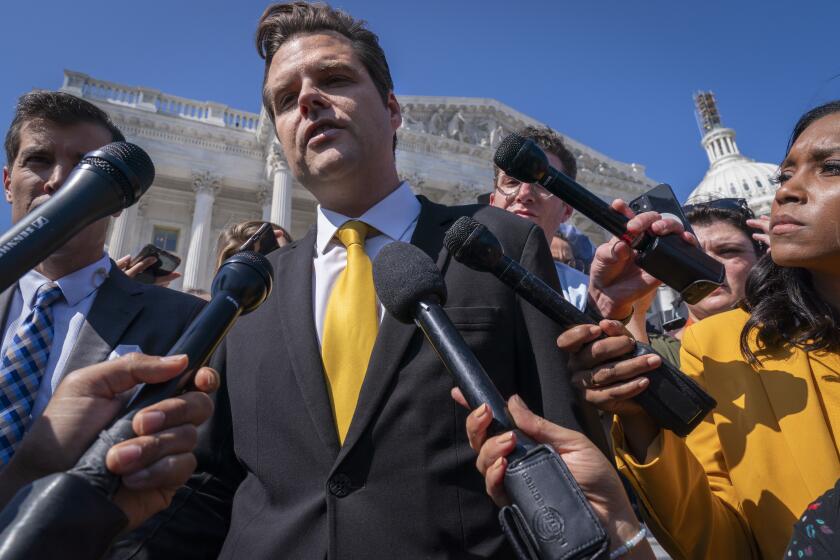Rep. Matt Gaetz, R-Fla., one of House Speaker Kevin McCarthy's harshest critics, answers questions from members of the media after speaking on the House floor, at the Capitol in Washington, Monday, Oct. 2, 2023. Gaetz has said he plans to use a procedural tool called a motion to vacate to try and strip McCarthy of his office as soon as this week. (AP Photo/Jacquelyn Martin)