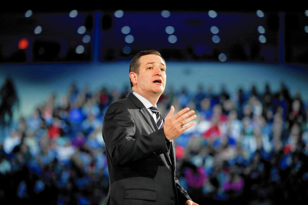 Sen. Ted Cruz speaks at Liberty University on Monday to announce his campaign for president.