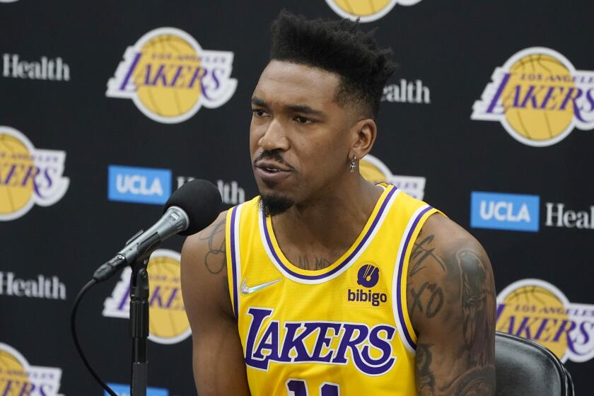 Los Angeles Lakers guard Malik Monk answers questions during the NBA basketball team.
