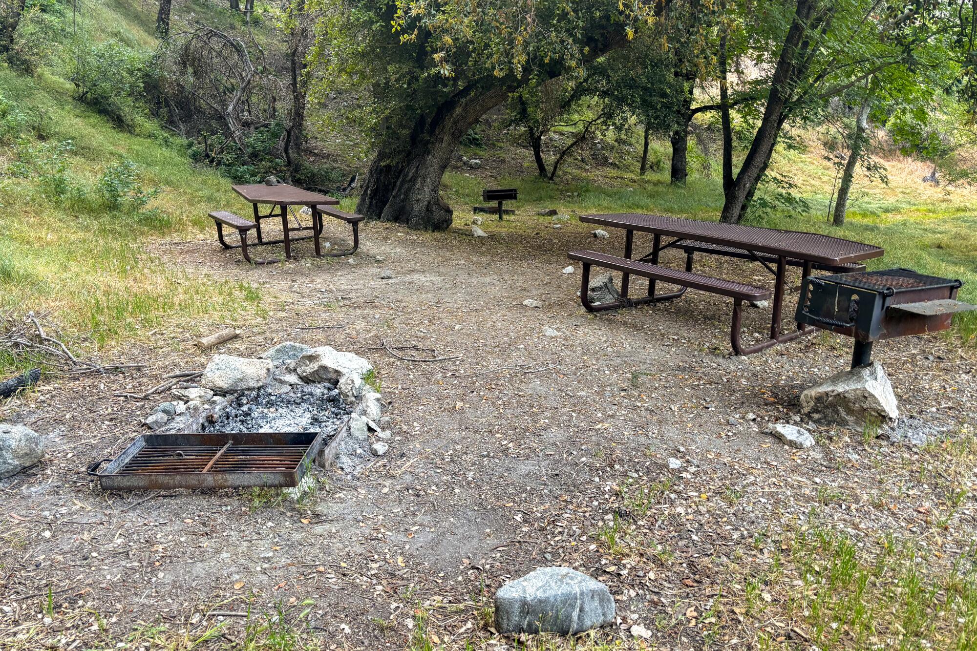 Picnic tables and a campfire grate ready to be enjoyed in a remote campground