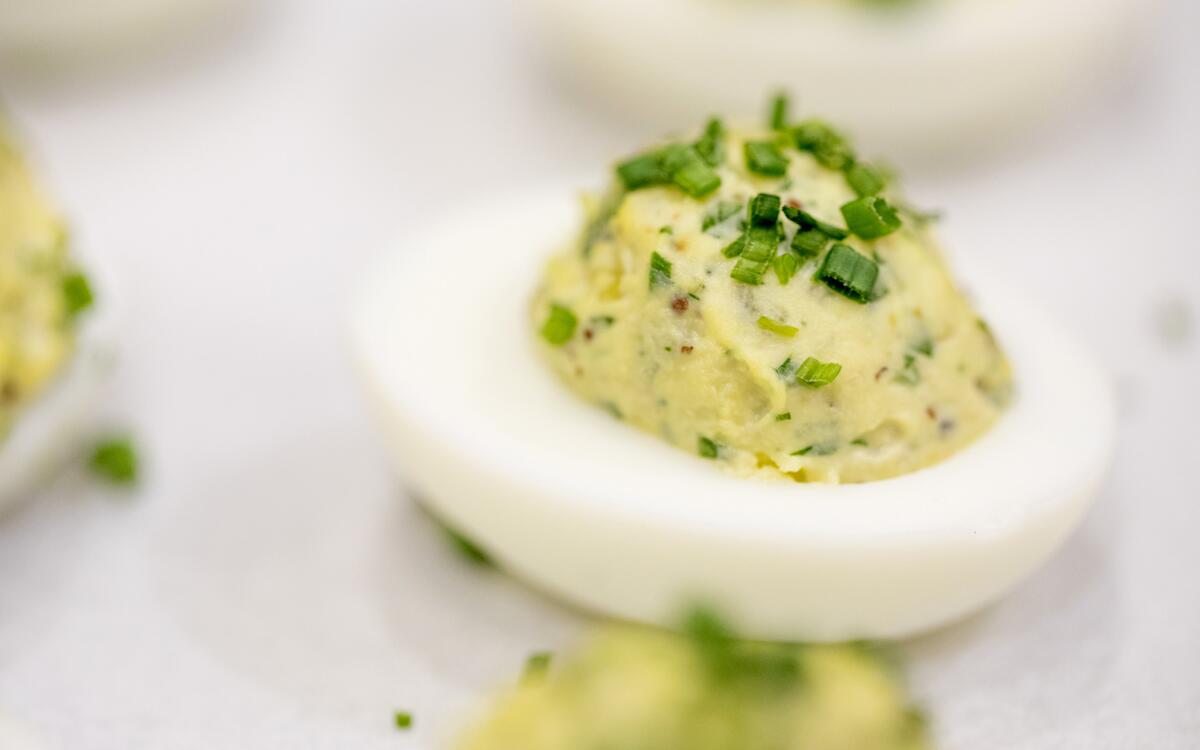 Deviled eggs with relish and whole grain mustard