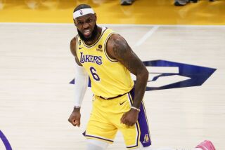 LOS ANGELES, CA - FEBRUARY 07: Los Angeles Lakers forward LeBron James (6) reacts.