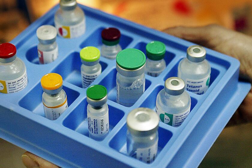 A tray of childhood vaccines. Health officials urge parents to get their children vaccinated against measles if they have not been.