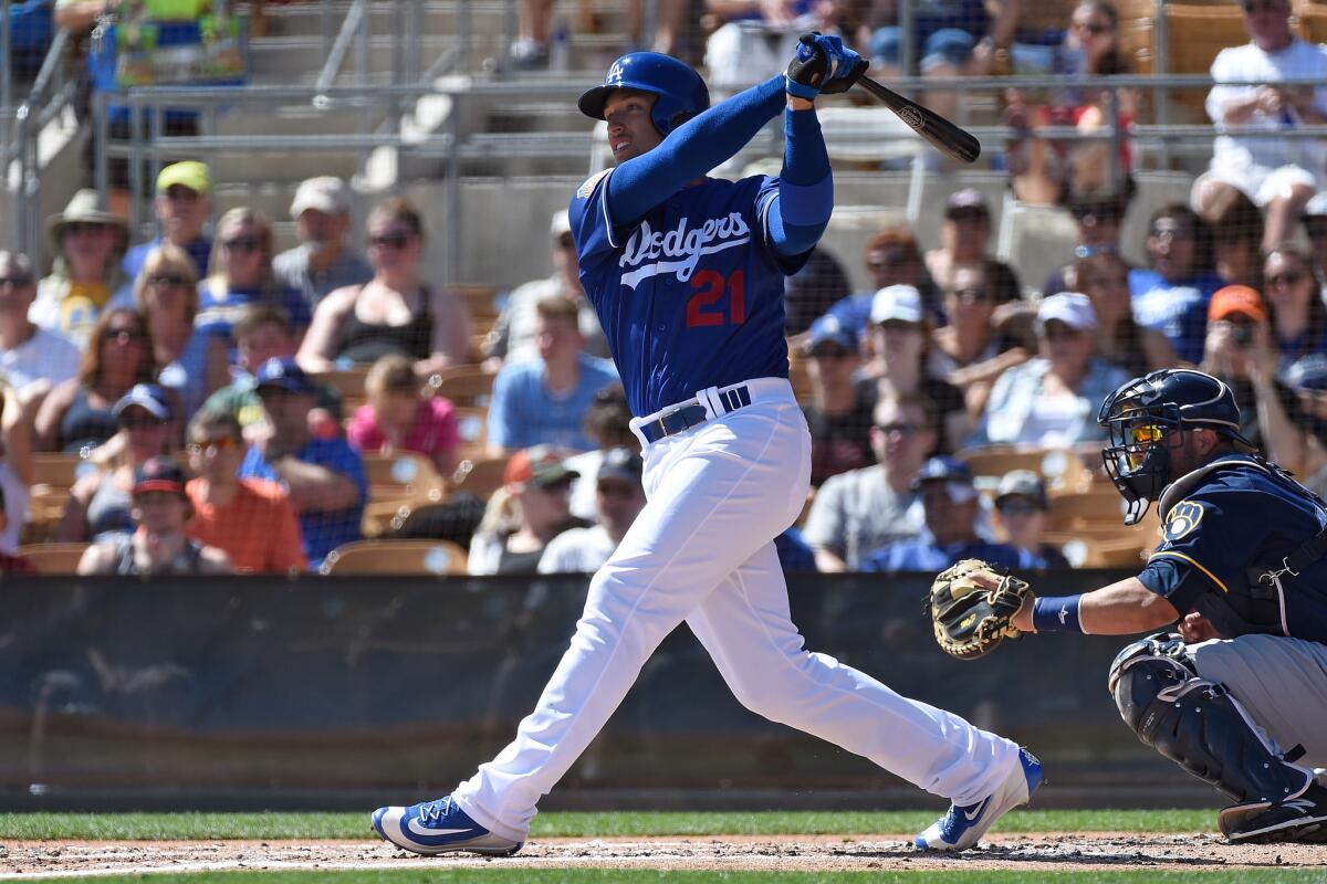 Dodgers outfielder Trayce Thompson follows through on a three-run home run against the Brewers on March 14.
