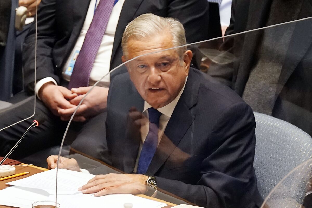 Mexico's President Andres Manuel Lopez Obrador addresses the United Nations Security Council, Tuesday, Nov. 9, 2021. (AP Photo/Richard Drew)