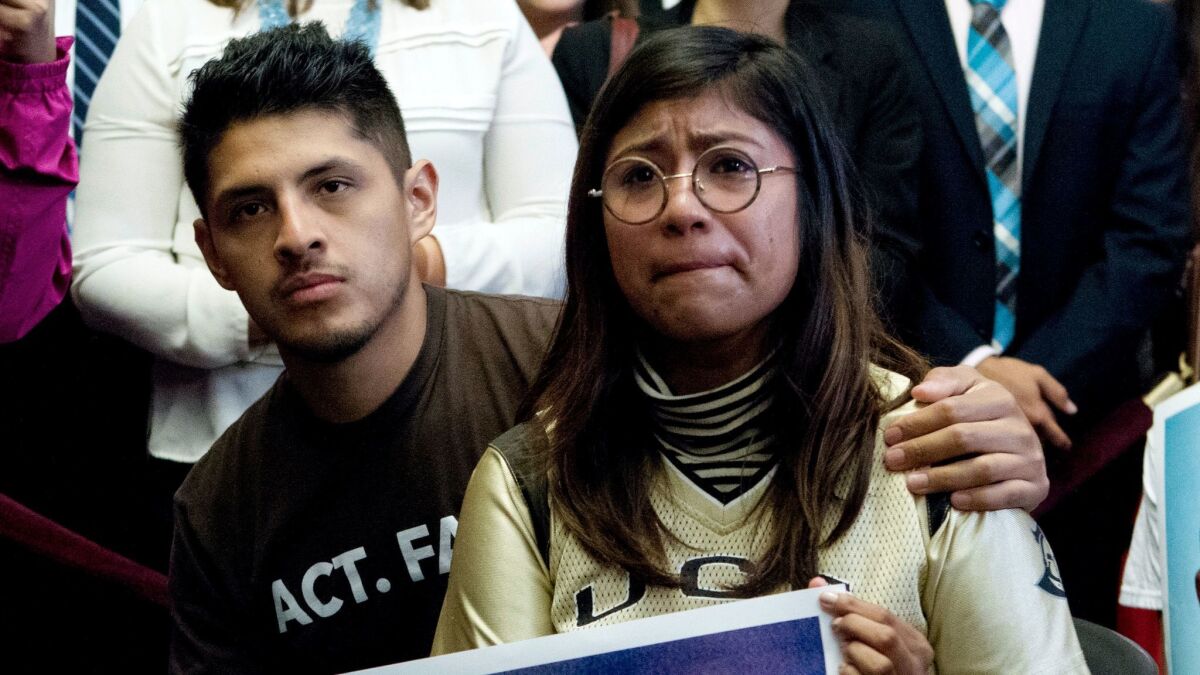 Dreamers Karen Caudillo, 21, and Jairo Reyes, 25, during a news conference on Capitol Hill in Washington, on Sept. 6.