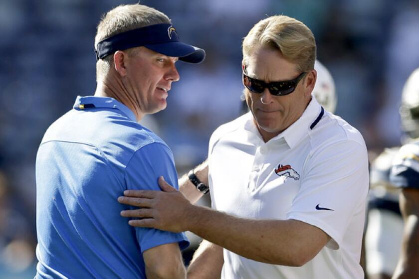 Broncos acting Coach Jack Del Rio, right, shakes hands with Chargers Coach Mike McCoy before their teams played last week.