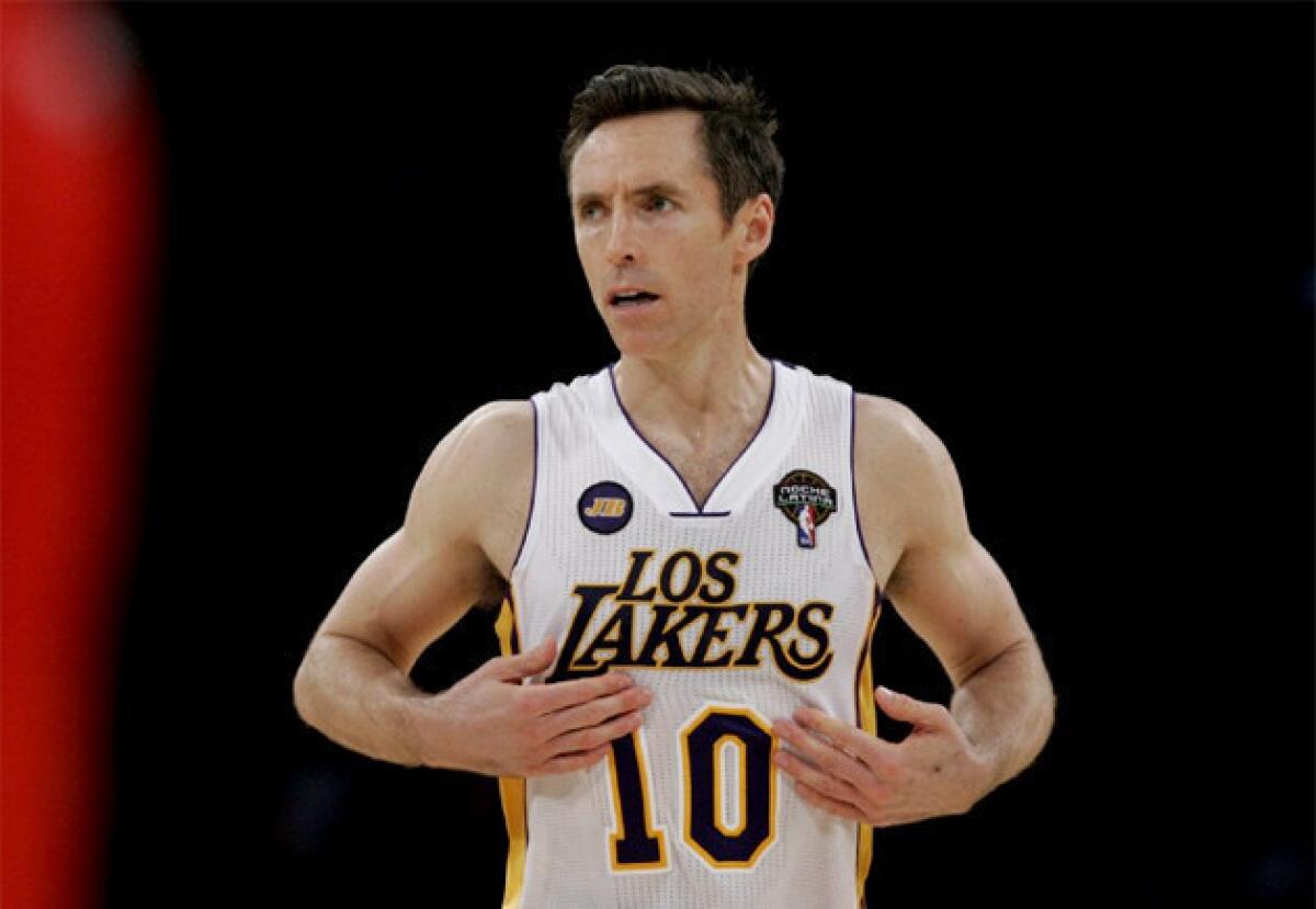 Lakers guard Steve Nash returned to Lakers practice after hip and hamstring injuries.