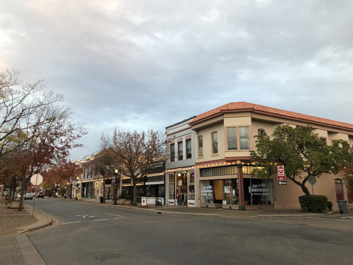 Montgomery Street, in downtown Oroville, at dusk.