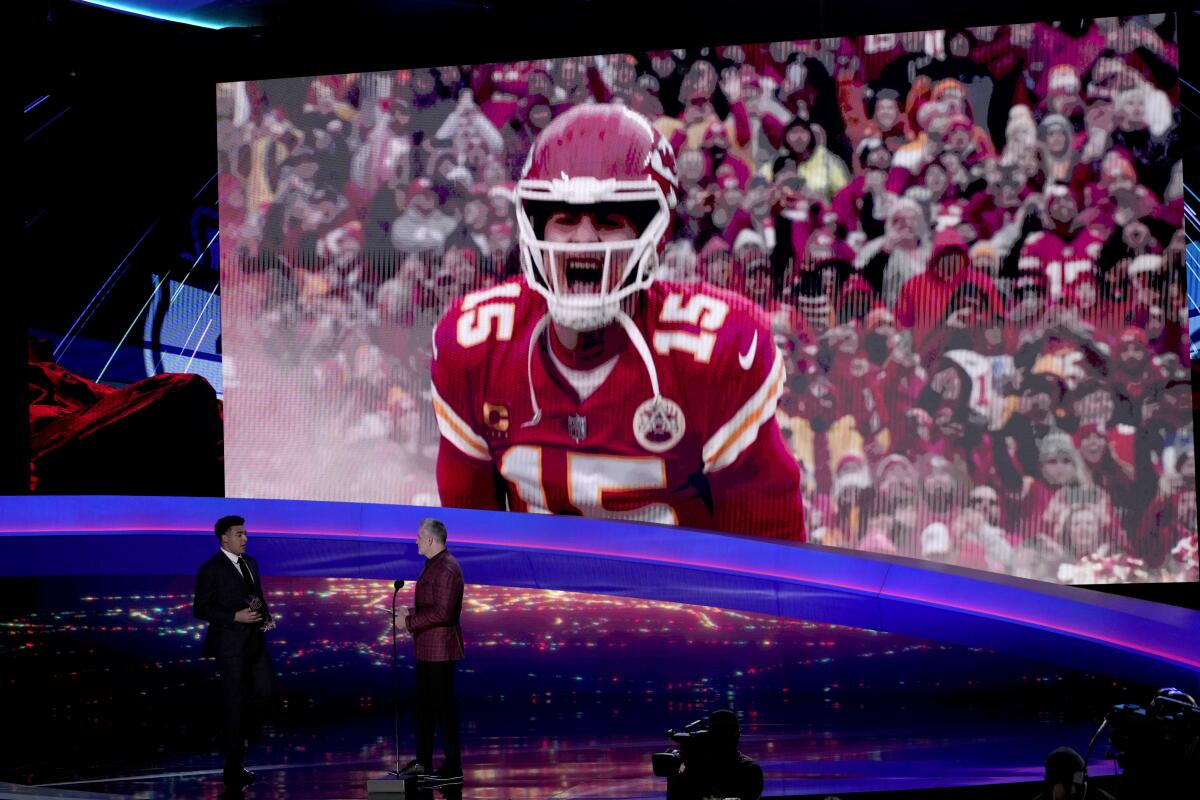 NFL MVP Kansas City Chiefs' Patrick Mahomes accepts his award on tape during the NFL Honors award show.