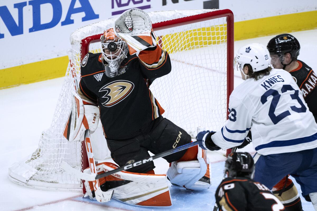 Ducks goaltender Lukas Dostal blocks a Maple Leafs shot during the third period Wednesday 