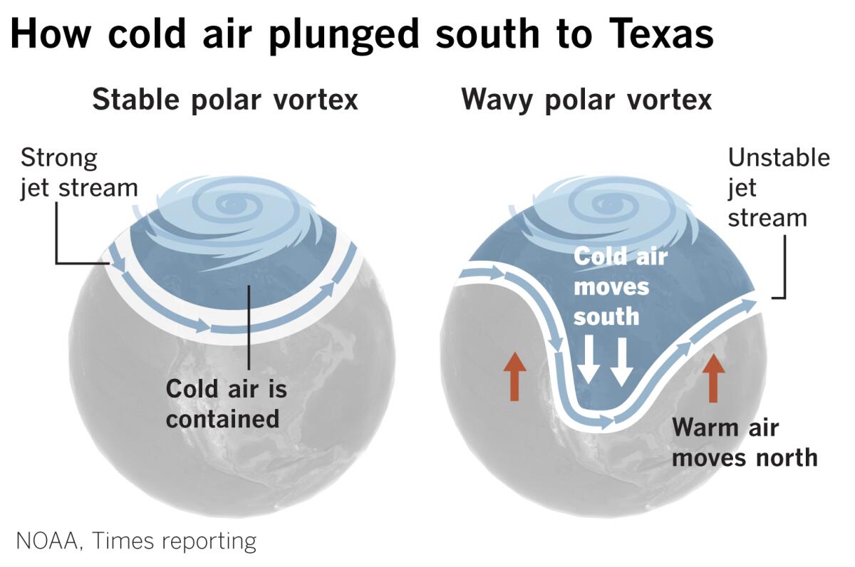 Graphic of Earth shows wavy polar vortex at the north pole pushing cold air south