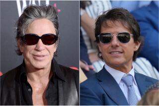 A split image of a man wearing sunglasses and a leather jacket, left, and another man wearing sunglasses and a blue suit