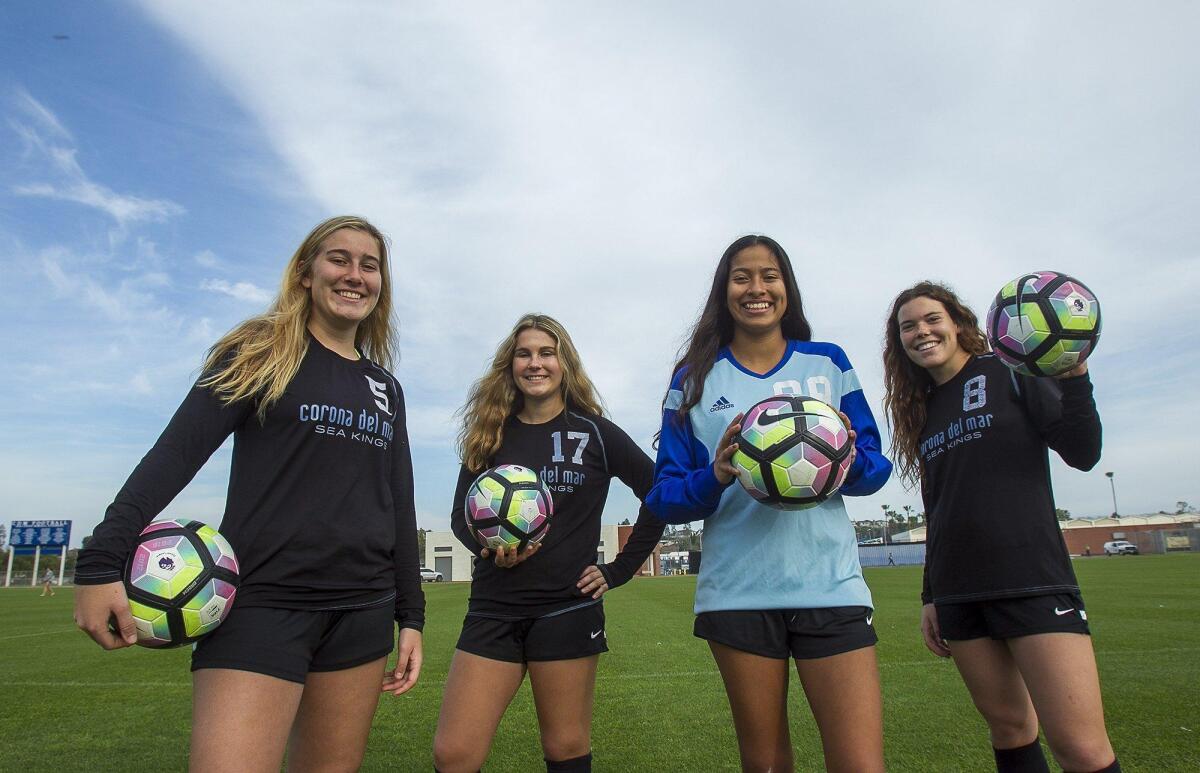Corona del Mar girls’ soccer team senior captains are Emma Scott, 17, left, Leah Givant, 17, Ally Lozano, 17, and Taylor Rosen, 18.