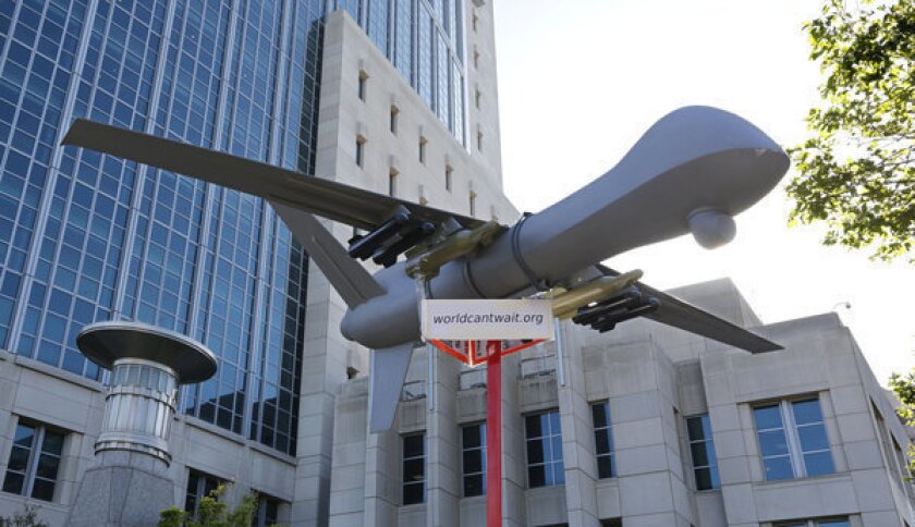 A scale model of a drone on display in Sacramento.