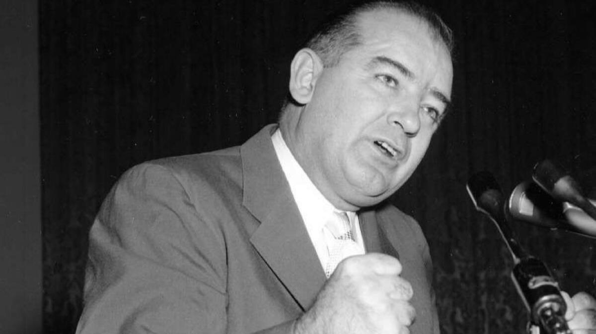 Sen. Joseph McCarthy addresses an audience at Constitution Hall in Washington on Nov. 11, 1954.