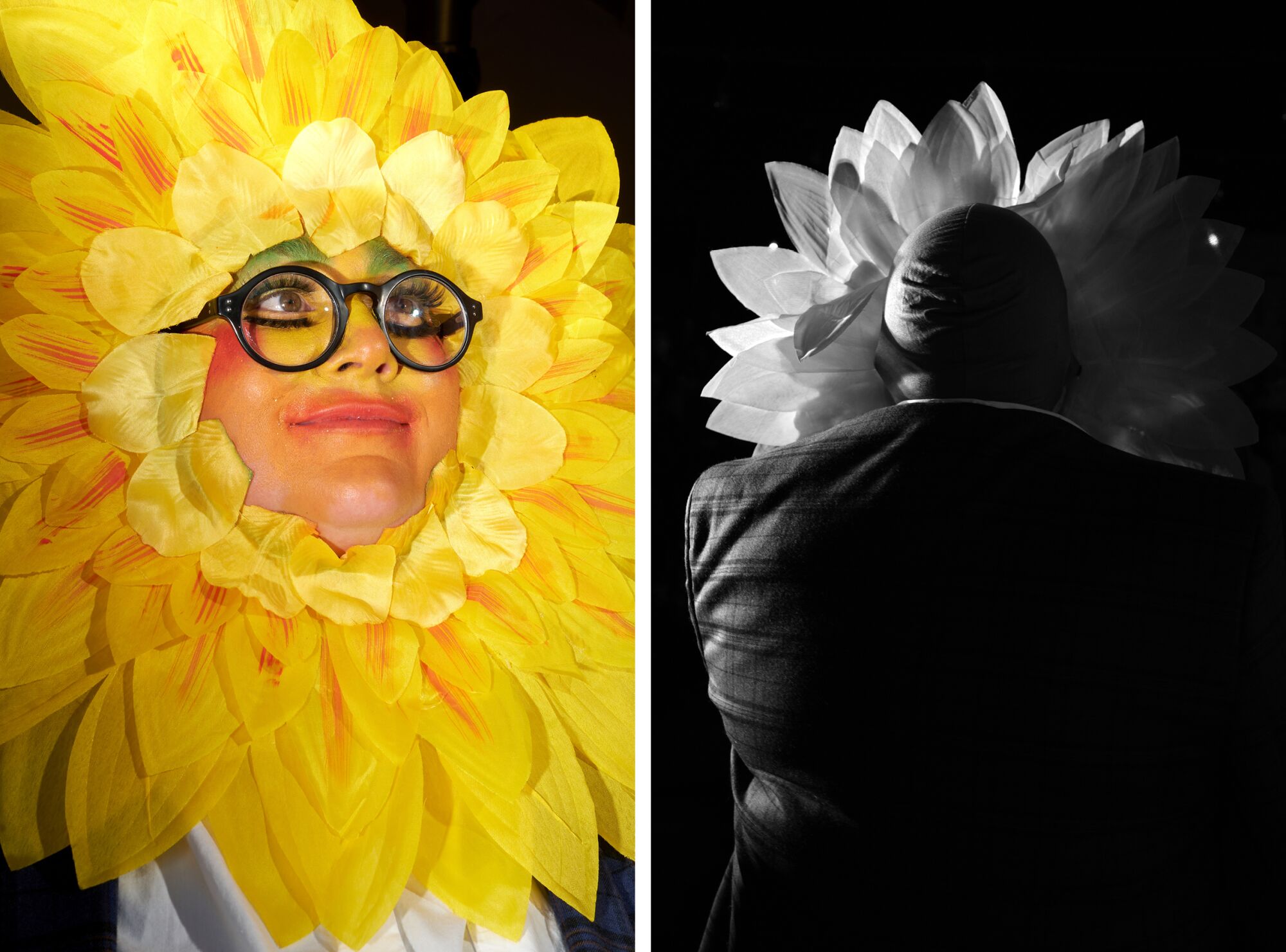 Side-by-side photos of a person with glasses, dressed as a yellow flower